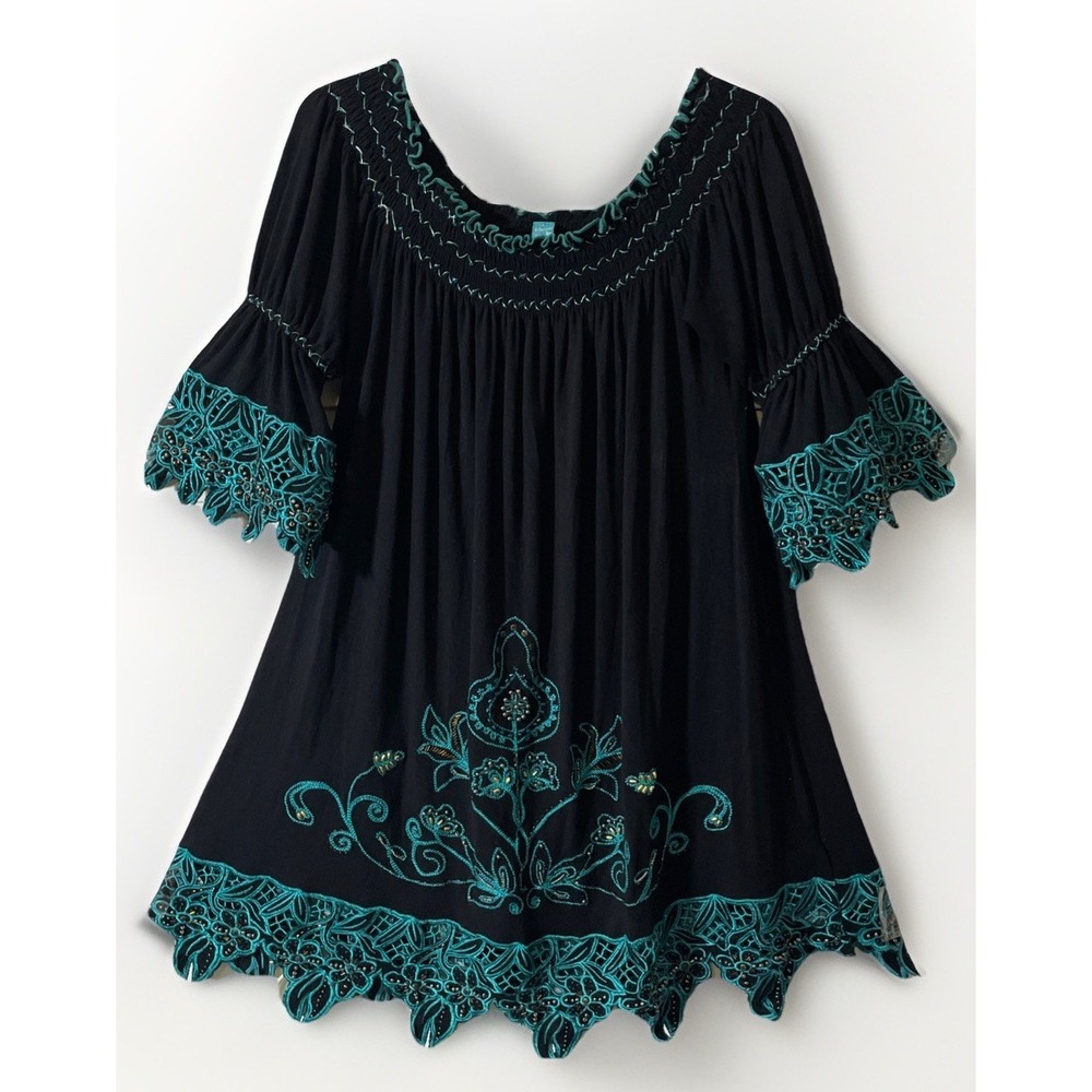 Urban Mango Black And Teal Embroidered Beaded Baby Doll Dress Women's Size Med